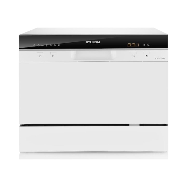 Masina de spalat vase compacta Hyundai DTC657DW8F (R2WOXM07B), independenta, 6 seturi, 6.5 l/ciclu, 49 dB, Clasa A+ (echiv. noua F), alb, 55 x 50 x 43.8 cm
