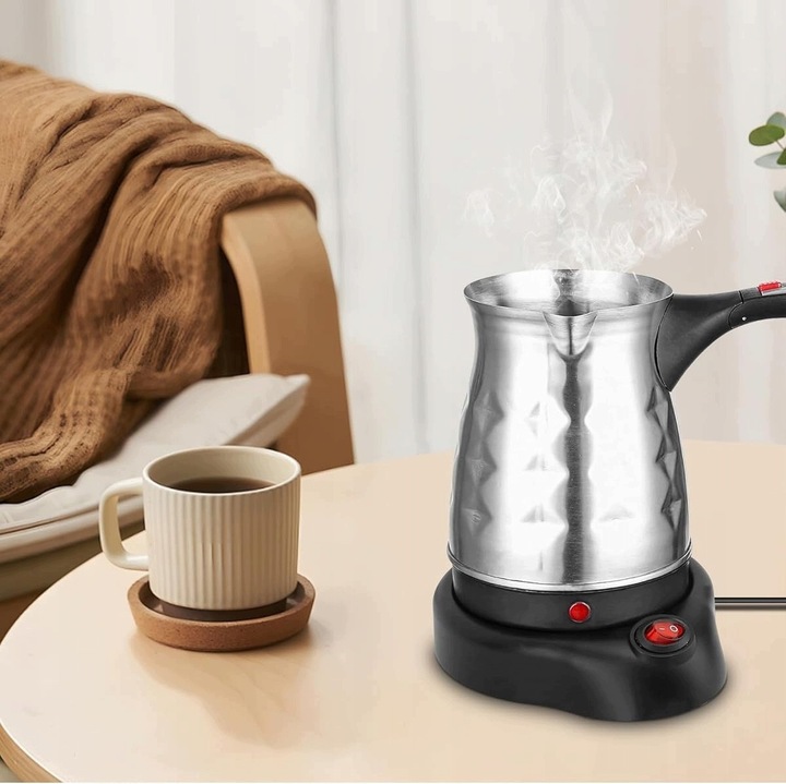 Ibrik electric pentru cafea turceasca N4YYR1JQ90C, 500 ml, otel inoxidabil 304, 600 W, cioc in forma de V, textura diamant, argintiu