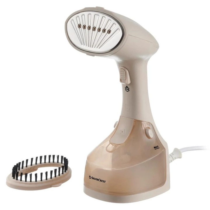 Steamer pentru haine SilverCrest SDMF 1300 B2, perie cu aburi cu suport, 1190-1400 W, rezervor detasabil 250 ml, abur vertical, oprire automata, culoare crem