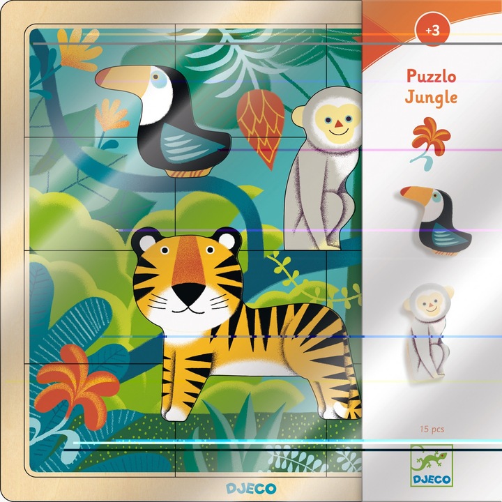 Puzzle incastru de lemn - Jungla animalelor multicolor