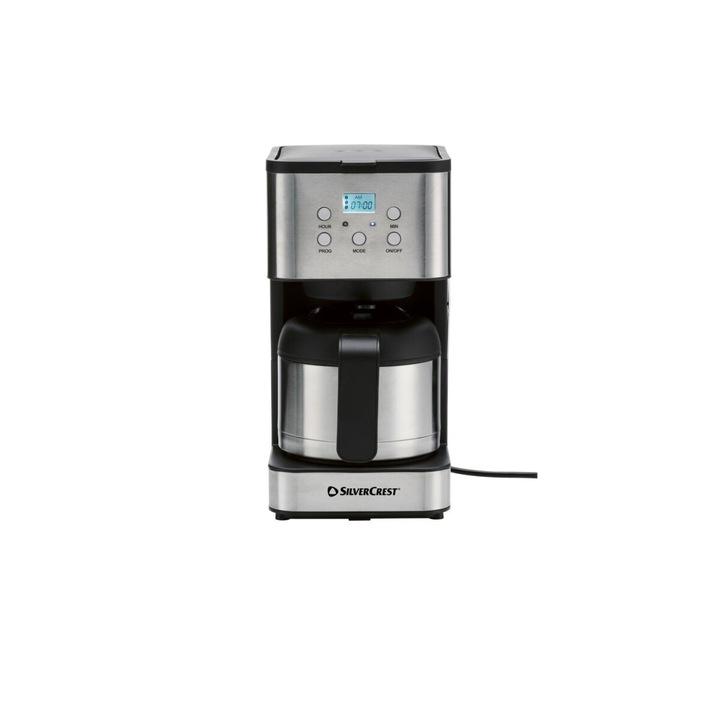 Cafetiera cu filtru si cana termica SilverCrest SFKMT 900 A1, 900 W, capacitate 1, 25 l, 10 cani, timer 24 h, inox/negru