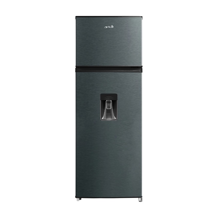 Frigider cu 2 usi Arielli ARD-274 FNEDGW, Racire statica, Dozator apa, Control mecanic, Autodezghetare frigider, Congelare rapida, 204 litri, H 143 cm, Clasa E, Gri inchis