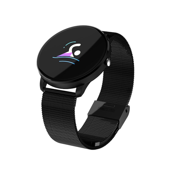 Smart Watch FIT 007 okosóra és fitness karkötő, OLED COLOR kijelző, Ultra Slim, vérnyomásmérő, pulzusmérő, alvásmonitor, üzenet- / hívásértesítések, G-érzékelő, fém karkötő, rozsdamentes acél, fekete