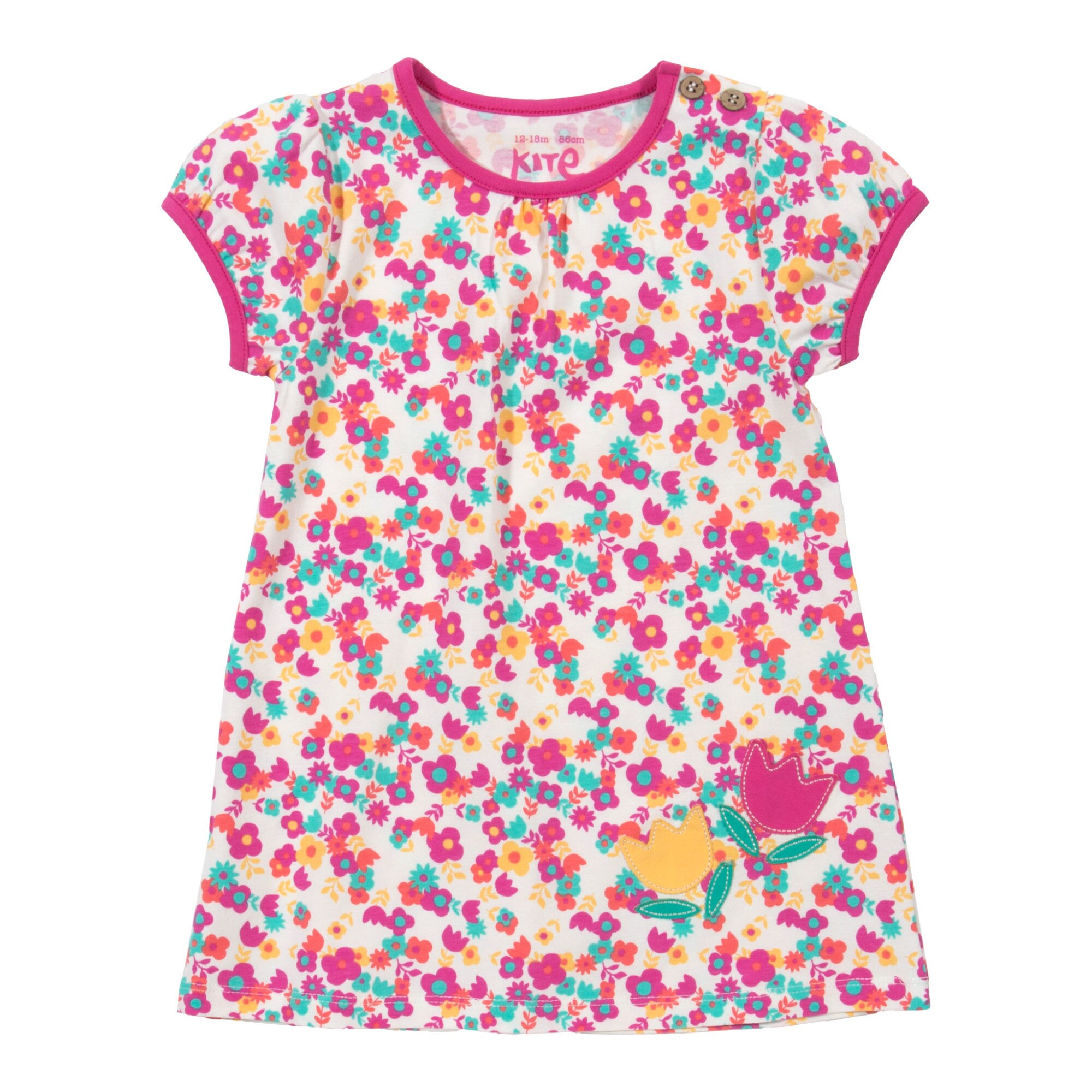 Rochie cu flori si lalele cusute bumbac organic, Multicolor