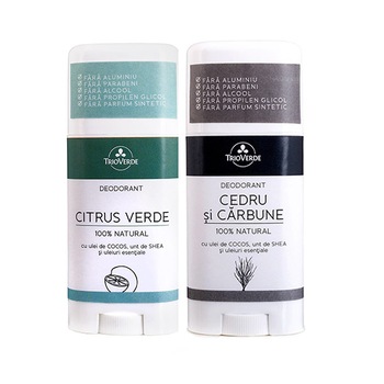 Set Deodorant natural Cedru & Carbune si Deodorant Citrus Verde Trio Verde, 120 gr Set Deodorant natural Cedru & Carbune si Deodorant Citrus Verde Trio Verde, 120 gr