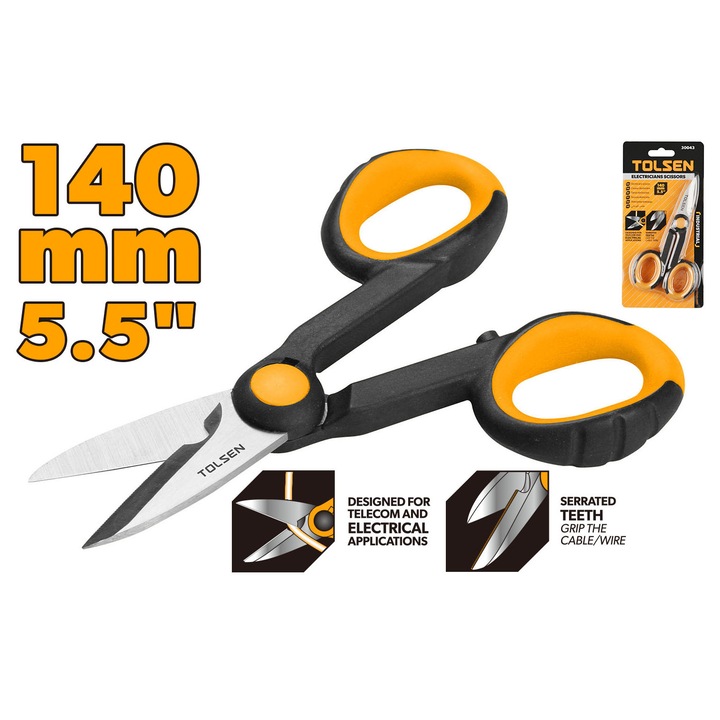 Foarfeca electrician TOLSEN 140 mm (5.5"), Lama otel inoxidabil, Pentru lucrari electrice si telecomunicatii, Taiere precisa si curata, Constructie compacta, Uz industrial