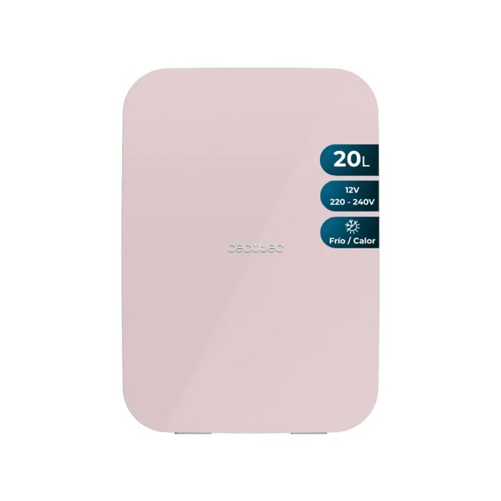 Mini frigider portabil CECOTEC, Bolero MiniCooling Bahamas, capacitate 20 litri, functie incalzire/racire, ideal pentru gustari/doze/produse skincare, 12-220 V, 7~65°C, 2 rafturi ajustabile, 2 compartimente pe usa, maner ergonomic pentru transport, roz