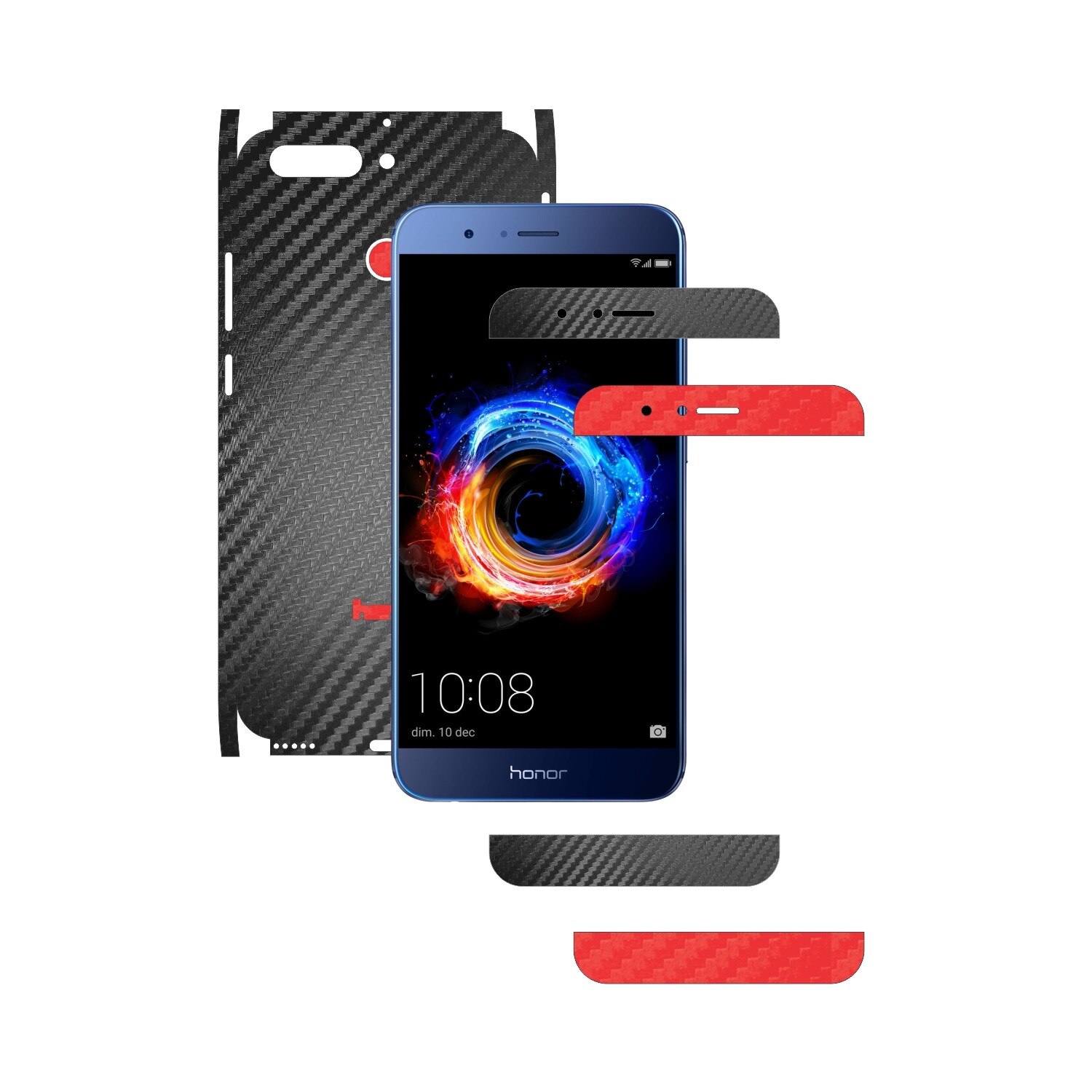 Folie de protectie Full Body Carbon Skinz, Acoperire Totala, Two Tone Negru / Rosu dedicata Huawei Honor 8 Pro