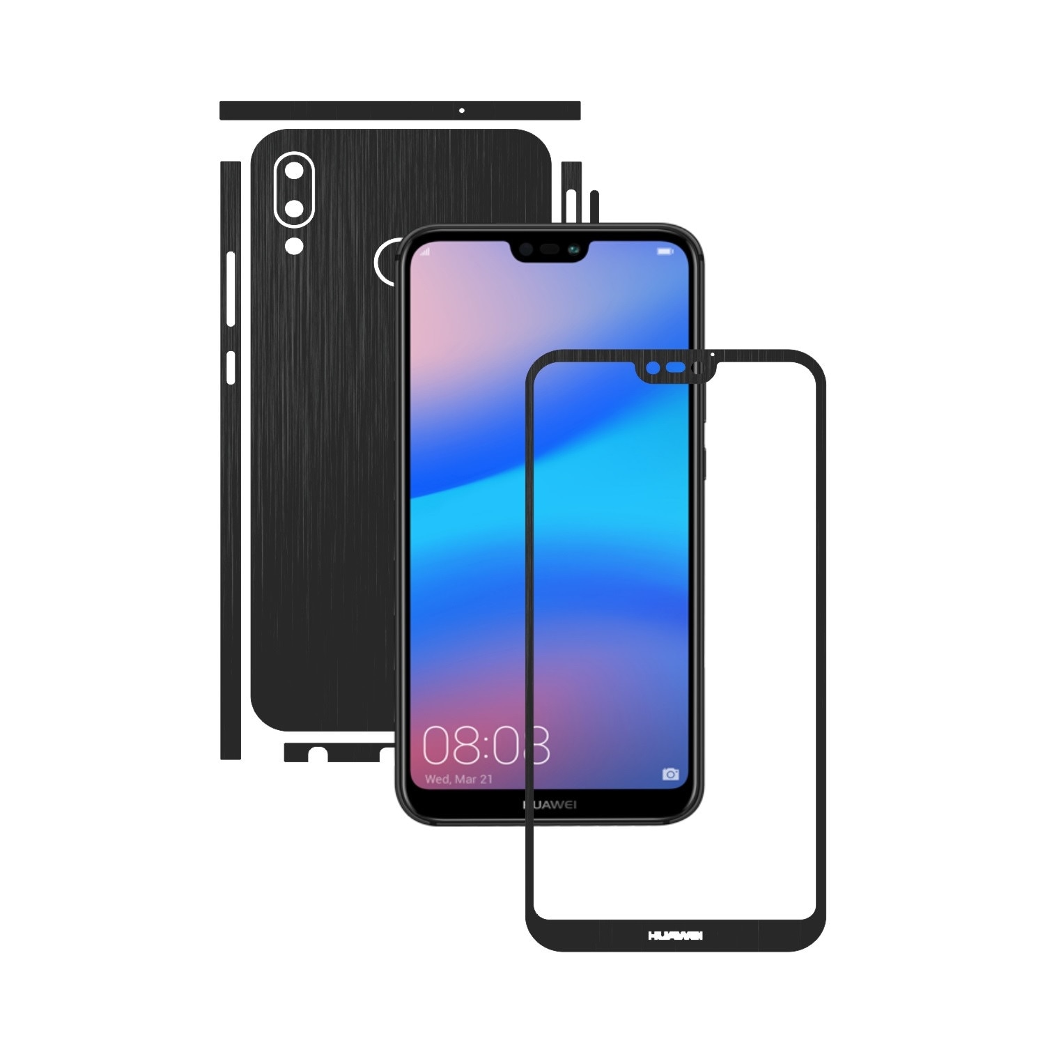 1 + 1 GRATUIT - Huawei P20 Lite - Brushed Negru - Folie de protectie Carbon Skinz, Husa Full Body Cover de tip Skin Adeziv pentru Rama Ecran,Carcasa Spate si Laterale