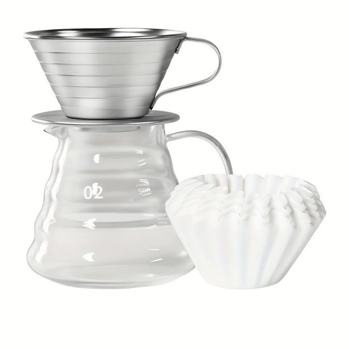 Set de cafea, filtru, 50 de filtre de hartie, cana, cafea preparata manual, ORBER, accesorii pentru cafea, sistem cu picurare, otel inoxidabil, 26*16*16 cm, argintiu