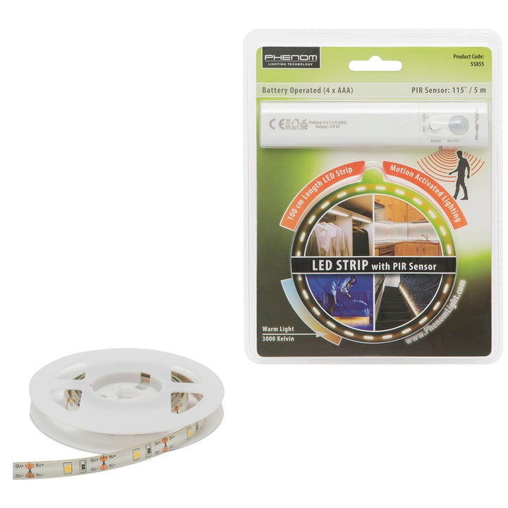 Banda LED Phenom, 2.4W, 180 lm, senzor de miscare, alimentare 4xAAA, lumina calda