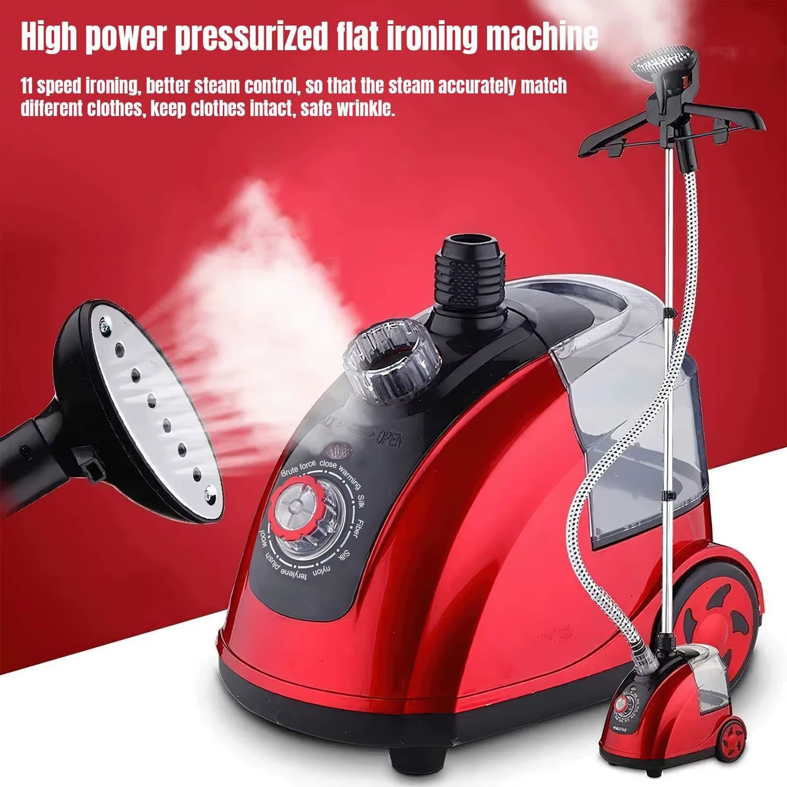 Aparat de calcat cu aburi, steamer vertical pentru haine, 1800 W, rezervor de apa de 18 l, 11 niveluri de abur, incalzire rapida, stecher EU