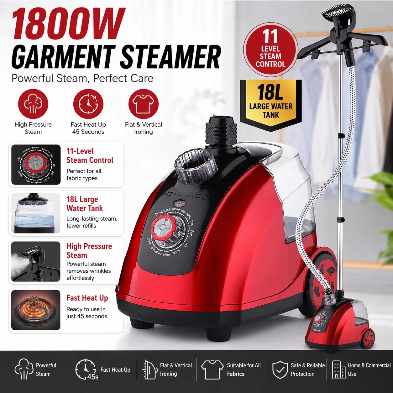 Aparat de calcat cu aburi, steamer vertical pentru haine, 1800 W, rezervor de apa de 18 l, 11 niveluri de abur, incalzire rapida, stecher EU