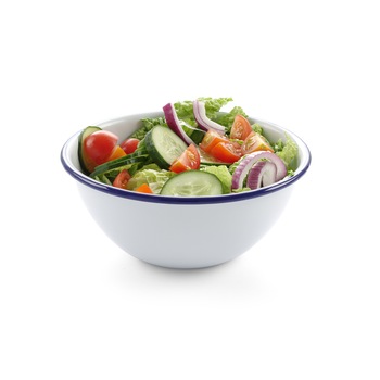 Bol salata, otel emailat - diam. 160 mm - culoare alba cu margine albastra Bol salata, otel emailat - diam. 160 mm - culoare alba cu margine albastra