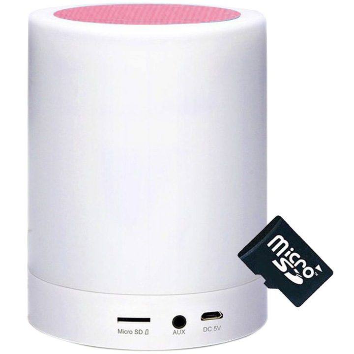 Bluetooth високоговорител с лампа iUni M16, 4W, USB, Слот карта TF, Многоцветен LED, Розов + Карта 4GB
