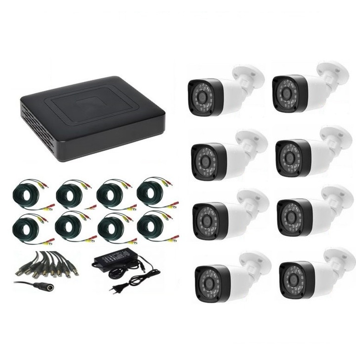 Professzionális videó megfigyelő készlet 8 kültéri kamera 2 MP 1080P full hd IR20m DVR 8 csatornás, teljes tartozékok