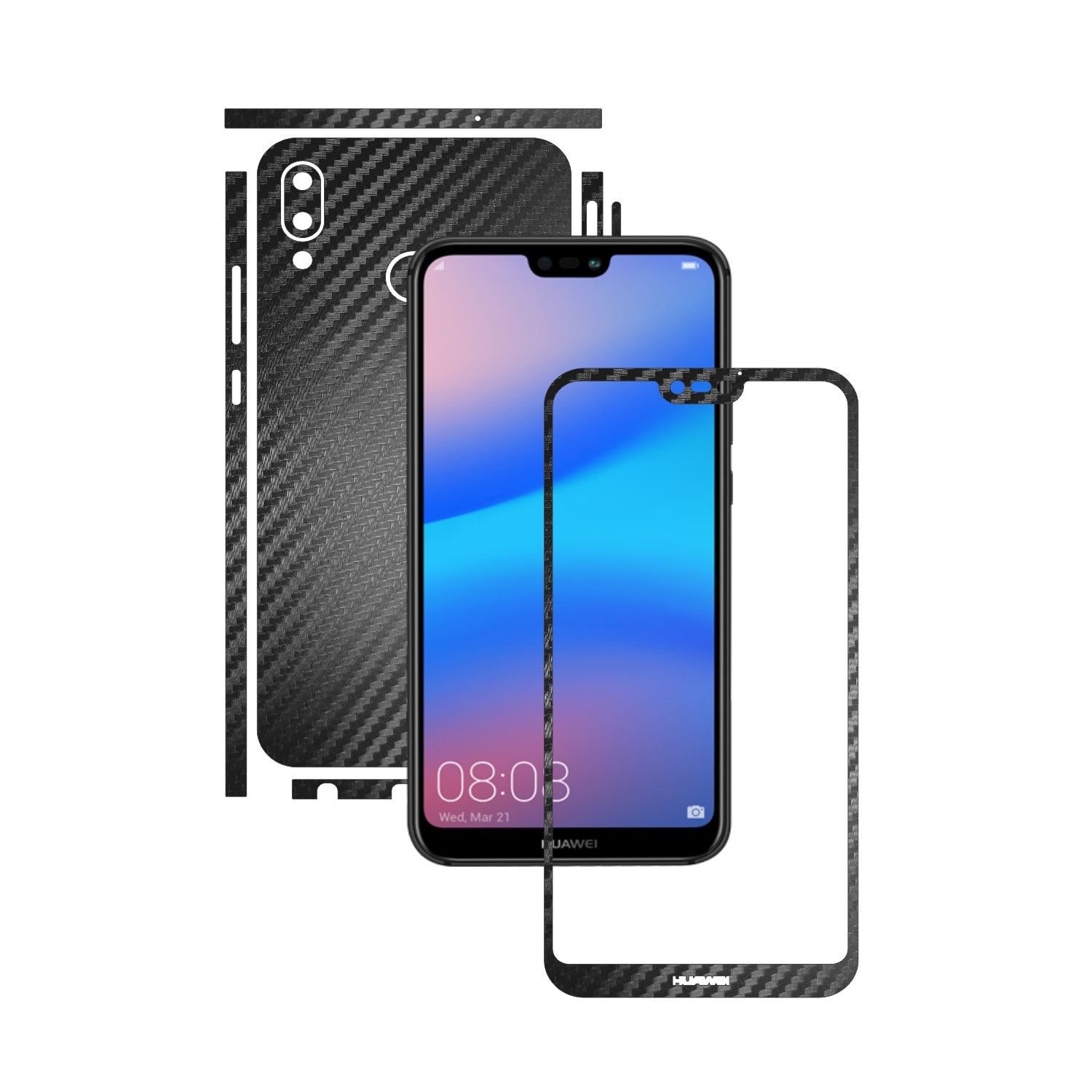 1 + 1 GRATUIT - Huawei P20 Lite - Carbon Negru - Folie de protectie Carbon Skinz, Husa Full Body Cover de tip Skin Adeziv pentru Rama Ecran,Carcasa Spate si Laterale