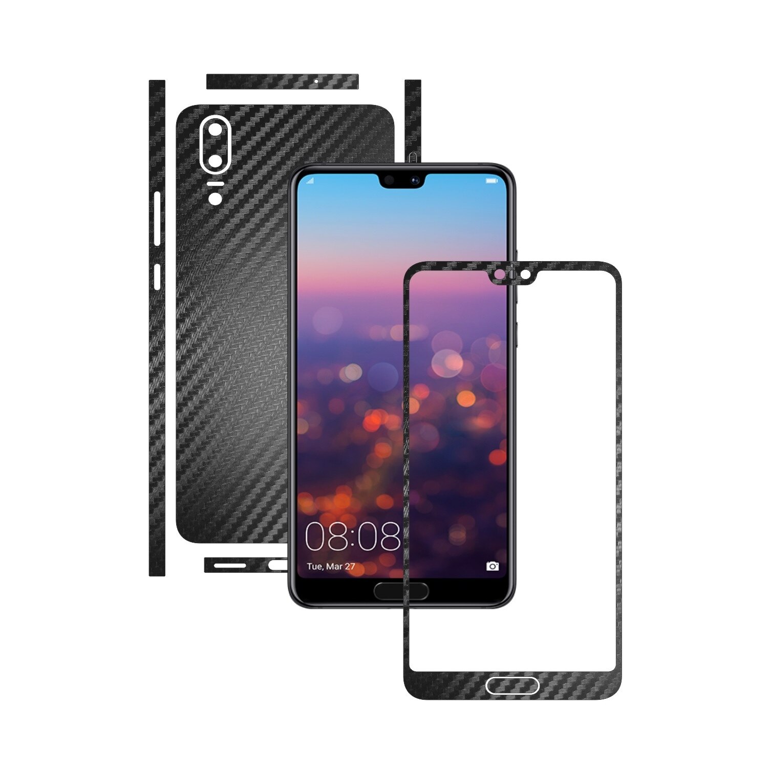 1 + 1 GRATUIT - Huawei P20 - Carbon Negru - Folie de protectie Carbon Skinz, Husa Full Body Cover de tip Skin Adeziv pentru Rama Ecran,Carcasa Spate si Laterale