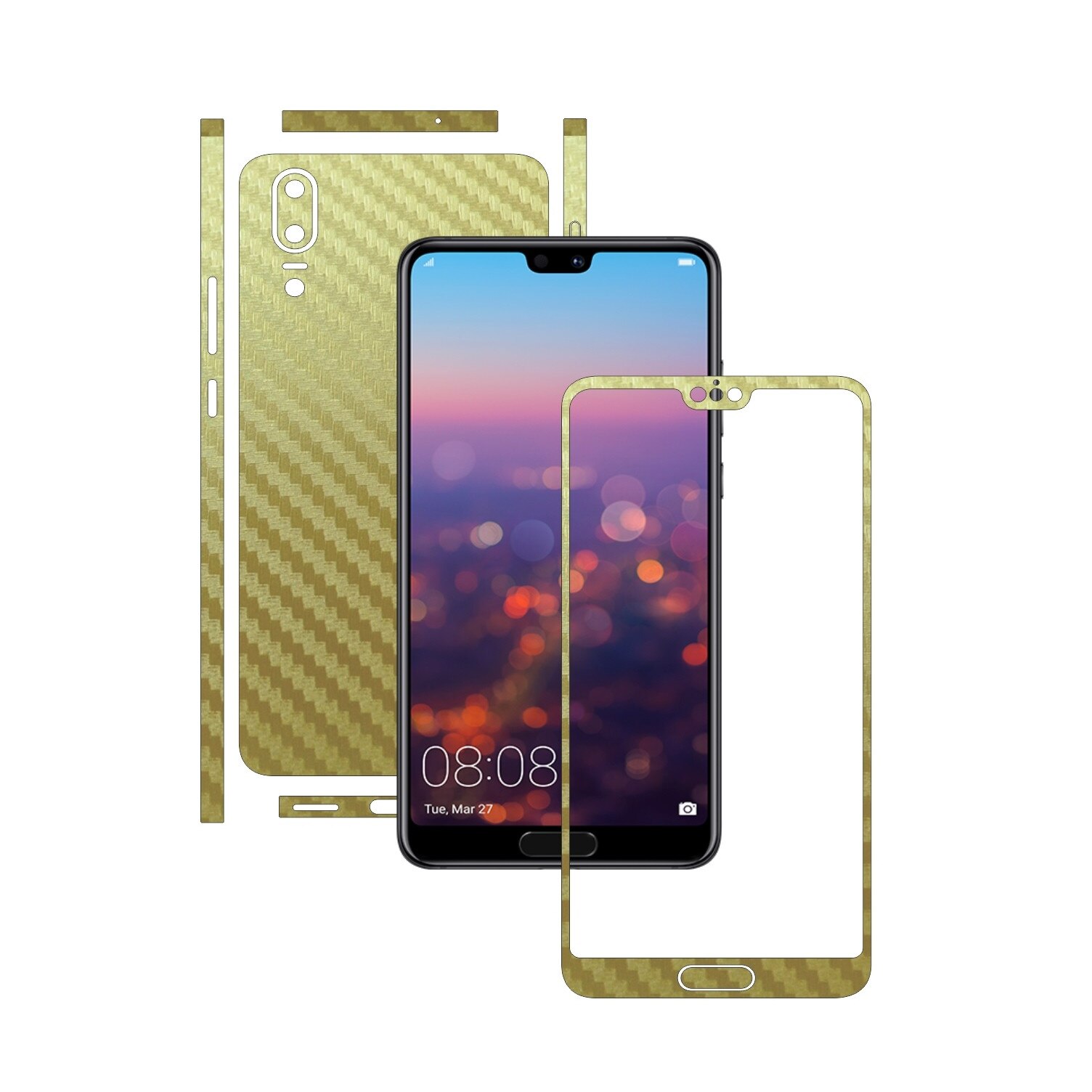 Folie de protectie Carbon Skinz, Husa de tip Skin Adeziv pentru Carcasa, Carbon Auriu dedicata Huawei P20