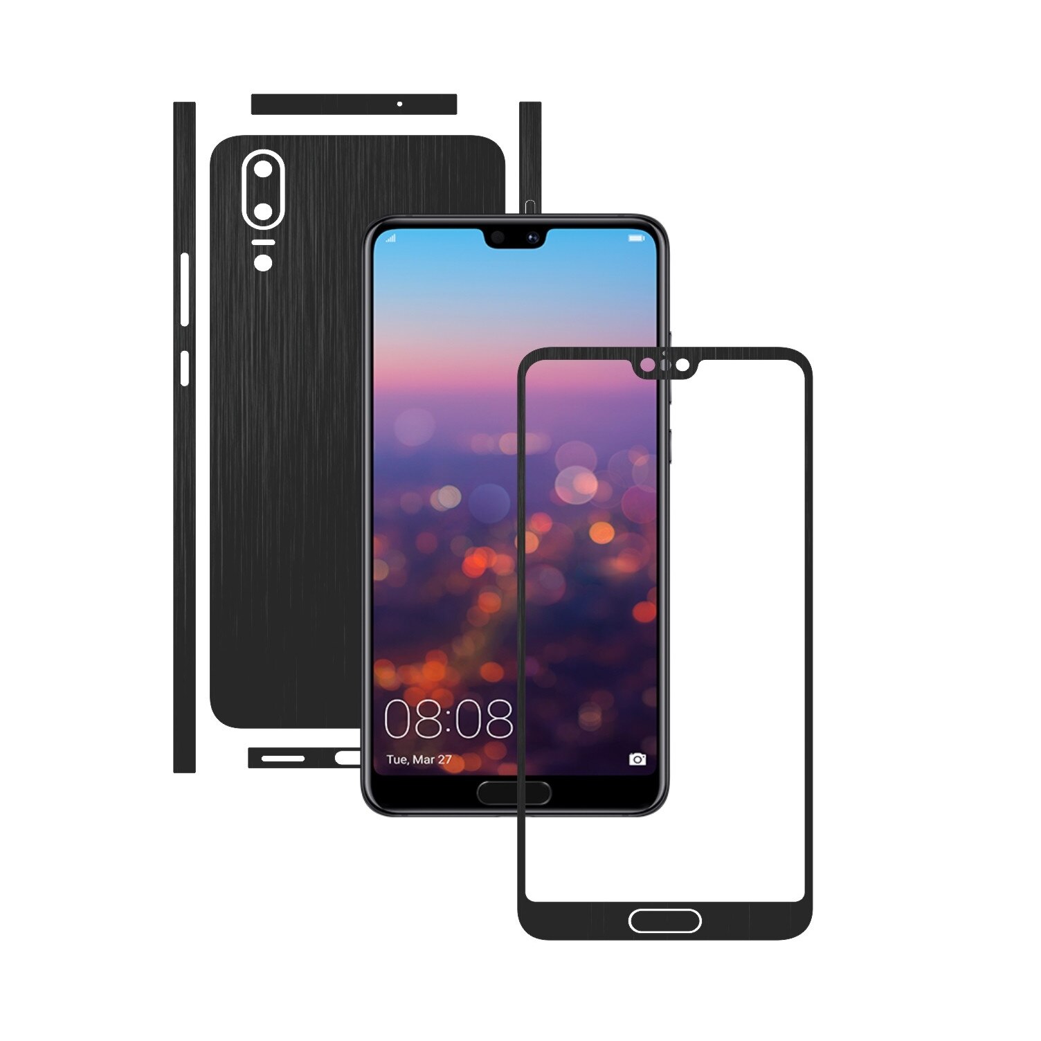 1 + 1 GRATUIT - Huawei P20 - Brushed Negru - Folie de protectie Carbon Skinz, Husa Full Body Cover de tip Skin Adeziv pentru Rama Ecran,Carcasa Spate si Laterale