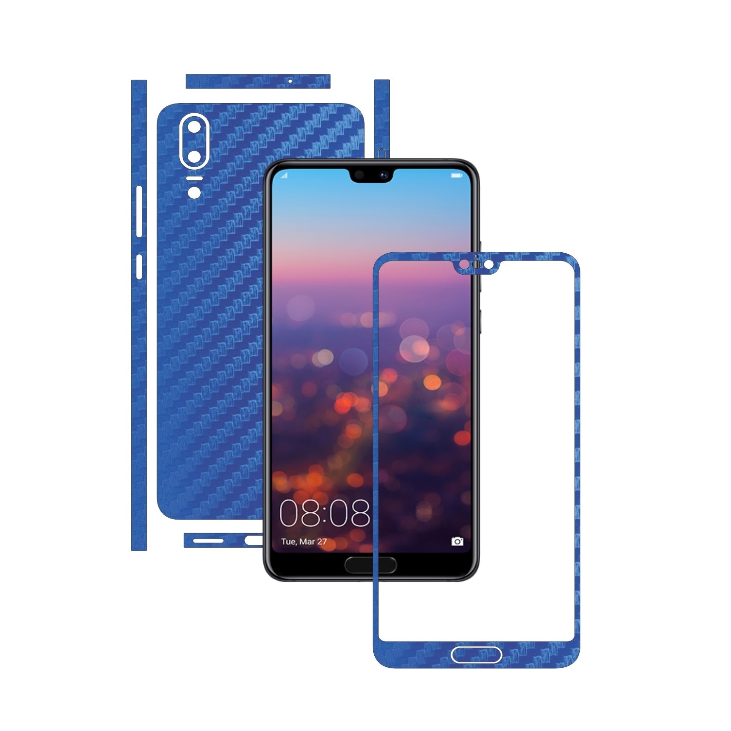 Folie de protectie Carbon Skinz, Husa de tip Skin Adeziv pentru Carcasa, Carbon Albastru dedicata Huawei P20