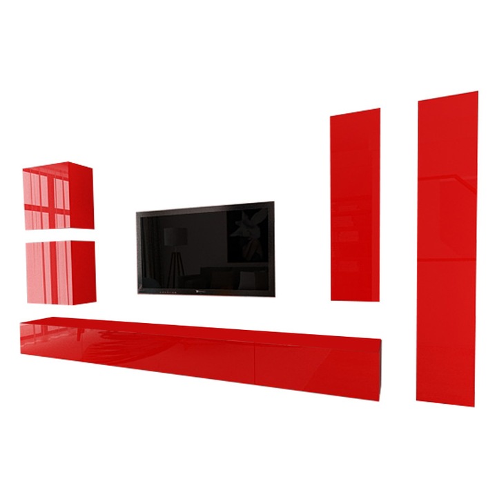 Set Mobila Living Modular Quadro 3, MDF Rosu Lucios, Dimensiune 360 cm