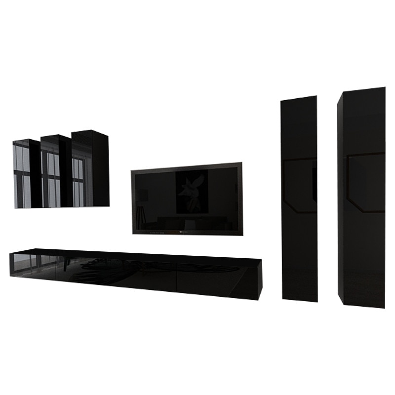 Set Mobila Living Modular Quadro 5 , MDF Lucios , Negru, Dimensiune 400 cm