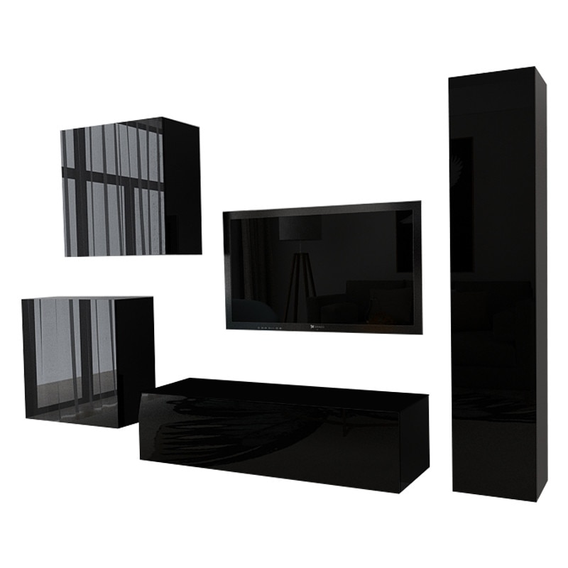 Set Mobila Living Modular Quadro 4, MDF Negru Lucios, Dimensiune 240 cm