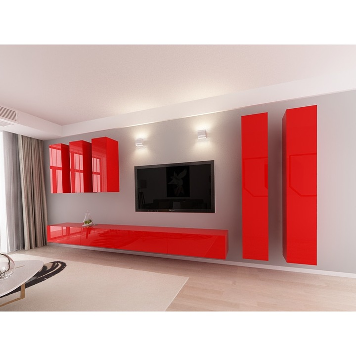 Set Mobila Living Modular Quadro 5 , MDF Lucios , Rosu, Dimensiune 400 cm