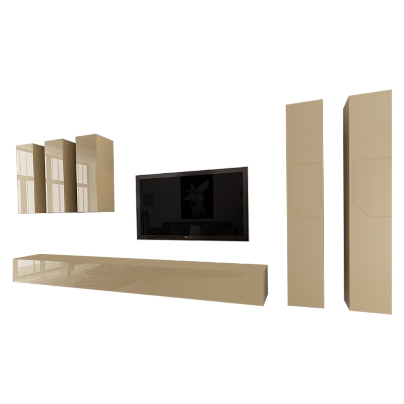 Set Mobila Living Modular Quadro 5 , MDF Lucios , Cappuccino, Dimensiune 400 cm