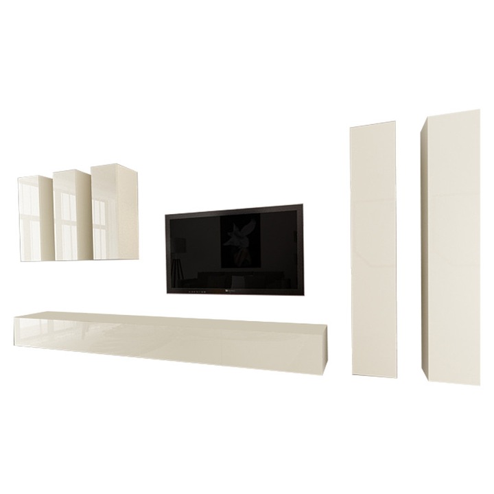 Set Mobila Living Modular Quadro 5 , MDF Lucios , Crem, Dimensiune 400 cm