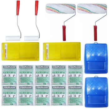 Pachet - 10 x Folie acoperit la zugraveli, 10x20mp + 2 x Tava trafalet, 34cm + 2 x Tava mica trafalet + 2 x Trafalet blana, 25cm + 2 x Trafalet mic din burete Pachet - 10 x Folie acoperit la zugraveli, 10x20mp + 2 x Tava trafalet, 34cm + 2 x Tava mica trafalet + 2 x Trafalet blana, 25cm + 2 x Trafalet mic din burete