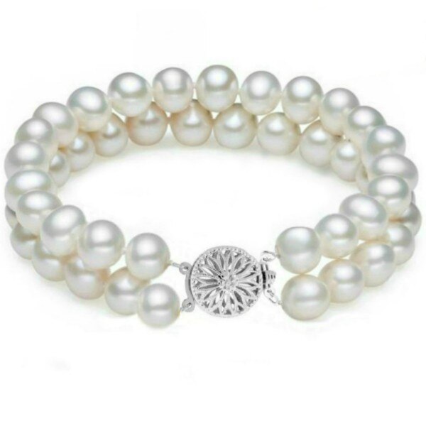 Bratara Dubla Aur Alb si Perle Naturale Albe Premium de 7-8 mm