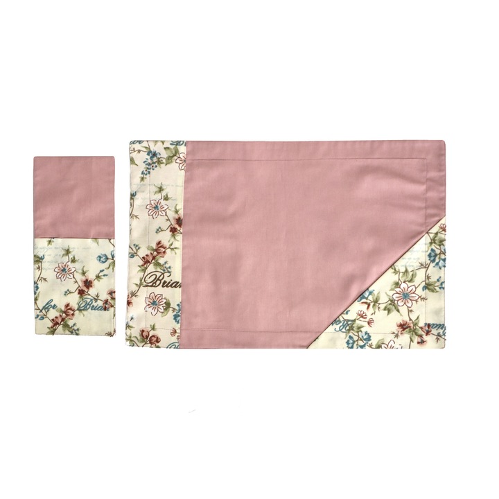 Servet- suport farfurie si tacamuri, handmade, Atelier Diversis, roz cu imprimeu floral