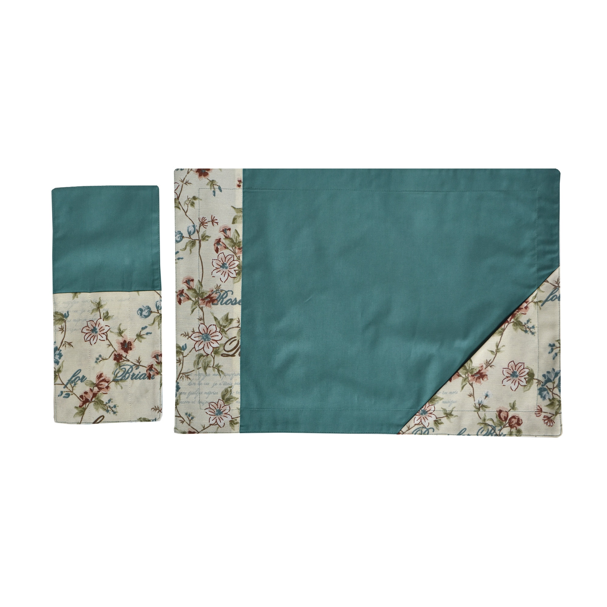 Servet- suport farfurie si tacamuri, handmade, Atelier Diversis, turcoaz cu imprimeu floral