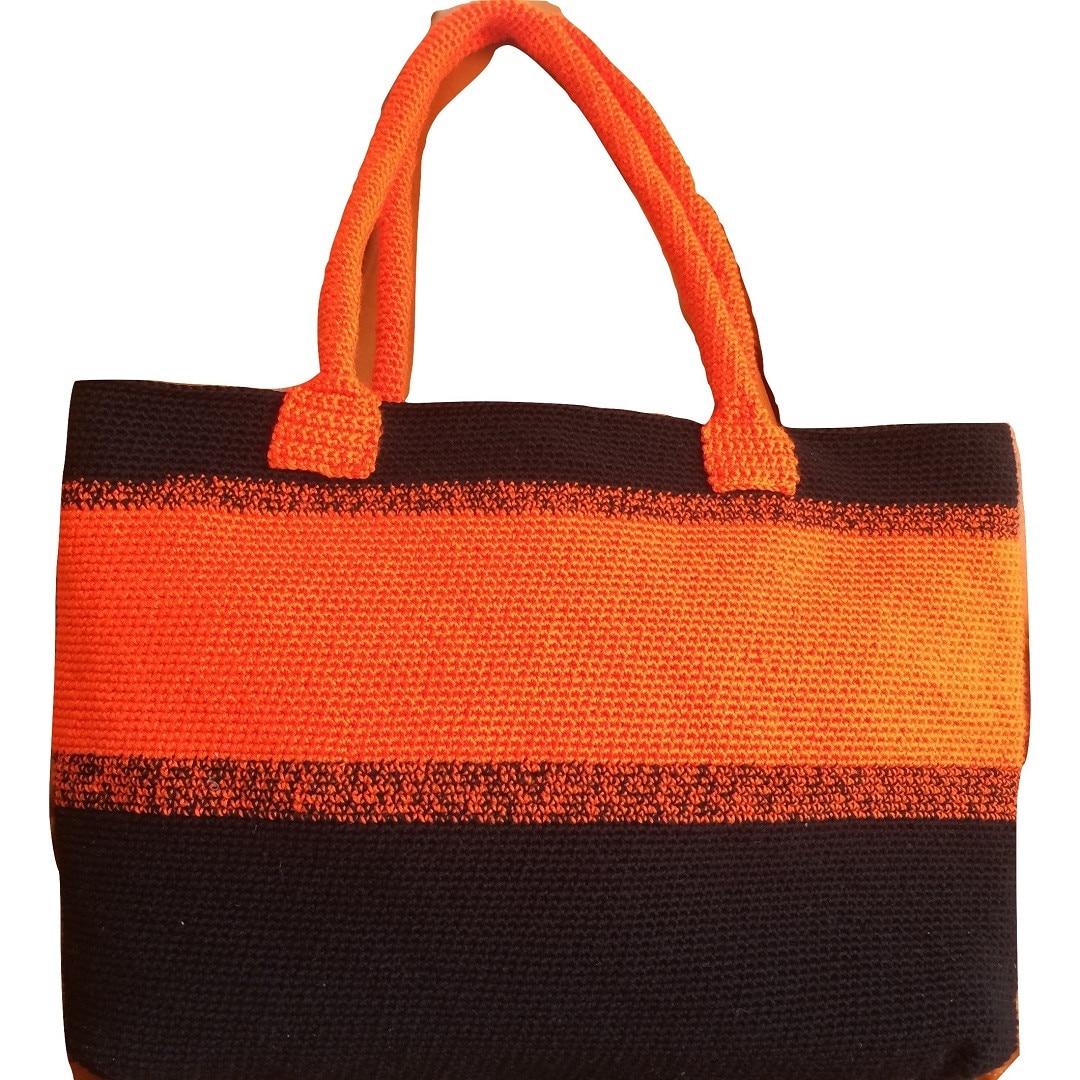Geanta handmade din bumbac negru cu portocaliu, cu 2 bretele fixe