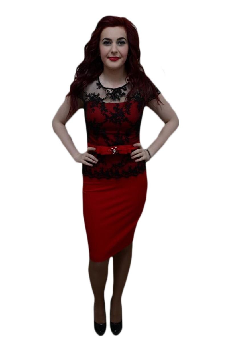 Rochie deosebita,dantela cu motive florale, D&J Exclusive, Negru/Rosu