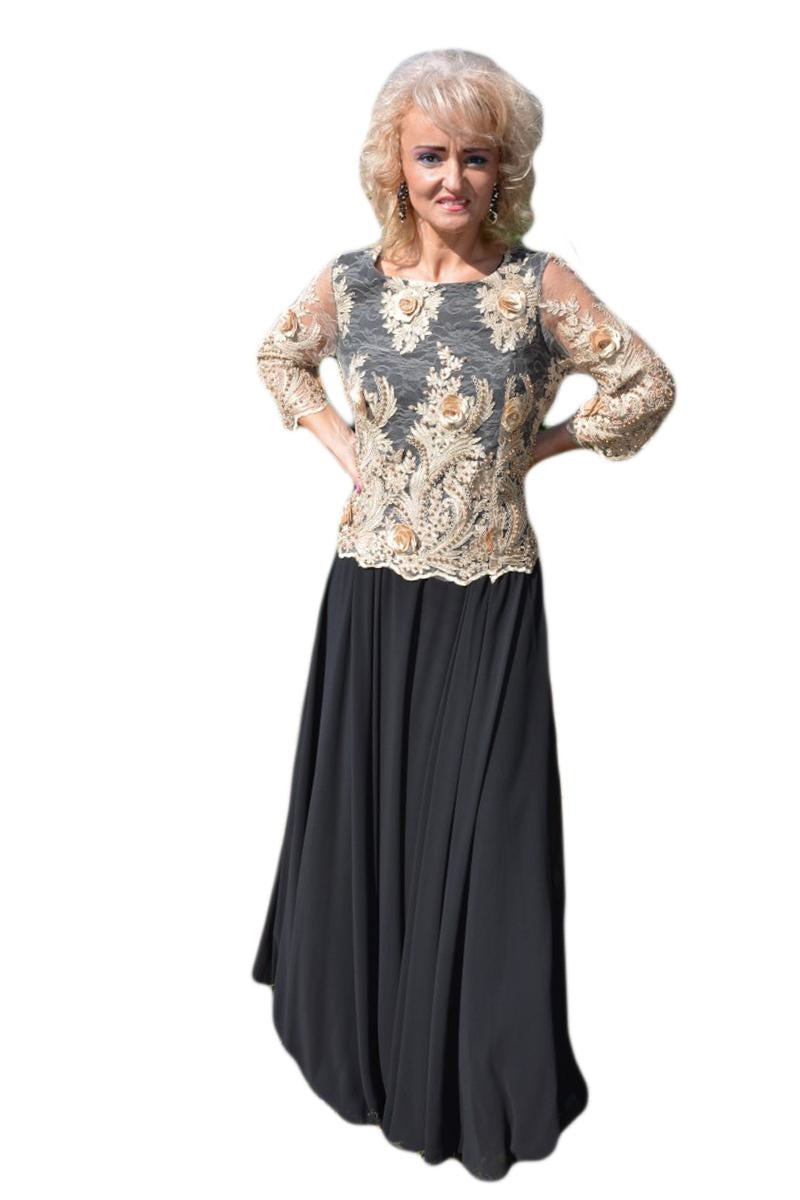 Rochie de gala cu aplicatii de broderie, D&J Exclusive, Negru/Auriu
