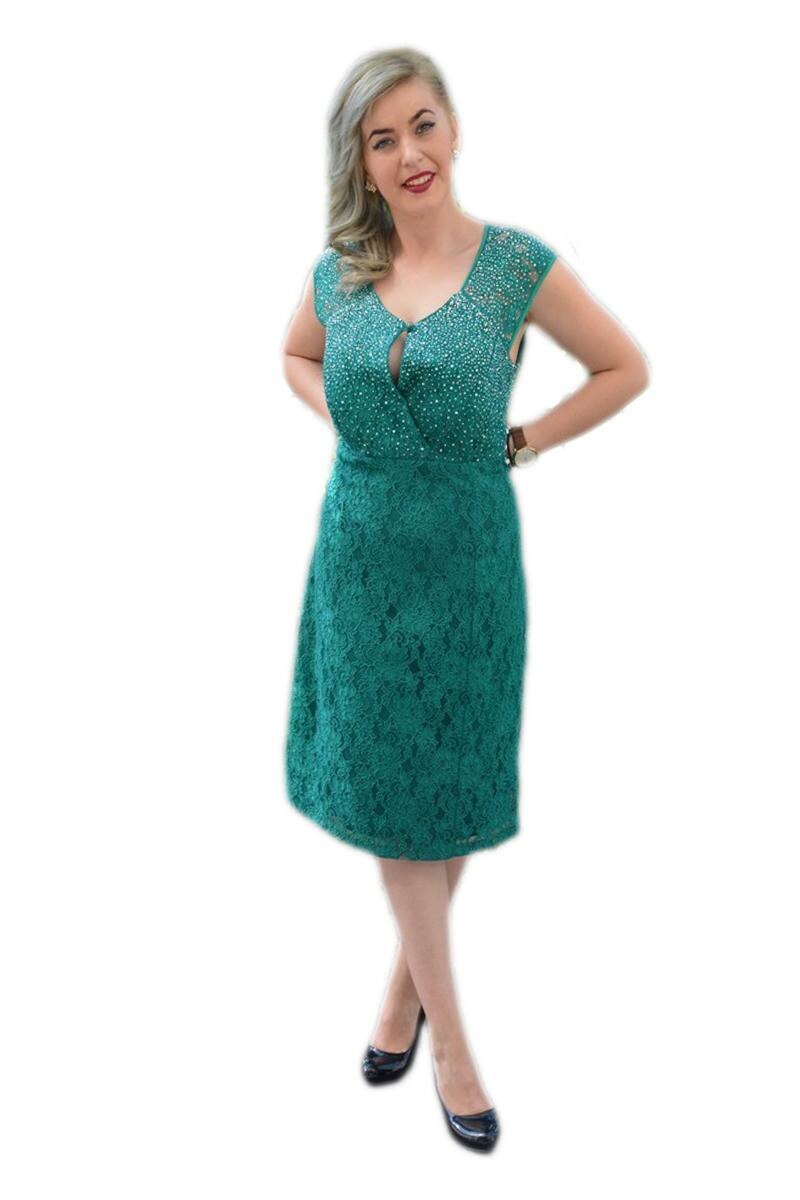 Rochie din dantela decorata cu strasuri in partea de sus, D&J Exclusive, Verde