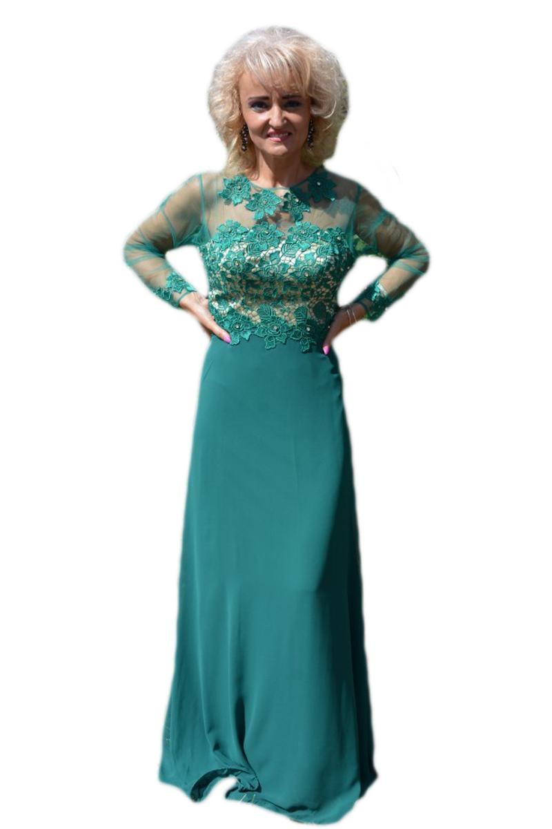 Rochie de seara, model lung cu broderie florala cu strasuri, D&J Exclusive, Verde