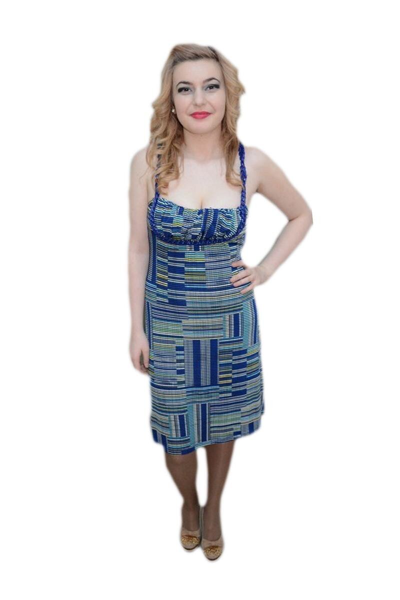 Rochie cu imprimeu de dungi verticale, orizontale, D&J Exclusive, Albastru marin