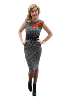 Rochie eleganta cu imprimeu pepit si flori rosii aplicate, D&J Exclusive, Negru/Alb, 36 Rochie eleganta cu imprimeu pepit si flori rosii aplicate, D&J Exclusive, Negru/Alb, 36