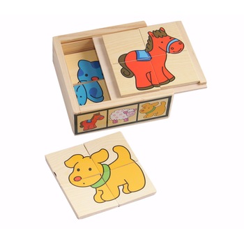 Puzzle-uri din lemn, Pino, Ferma de Animalute, 6 puzzle-uri cu 4 piese, Intr-o cutie de lemn Puzzle-uri din lemn, Pino, Ferma de Animalute, 6 puzzle-uri cu 4 piese, Intr-o cutie de lemn