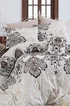 Nazenin Home, Lenjerie de pat, 100% bumbac, Maro camel/Negru/Alb, 200X220-2P-50X70 Standard Nazenin Home, Lenjerie de pat, 100% bumbac, Maro camel/Negru/Alb, 200X220-2P-50X70 Standard