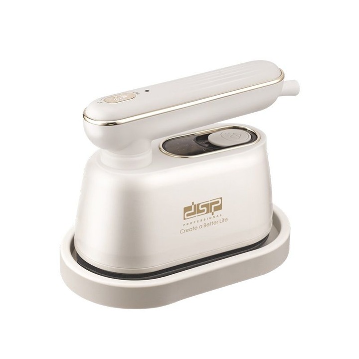 Fier de calcat cu abur portabil DSP KD1159 (615112), 1000W, rezervor 140 ml, talpa aluminiu, debit abur 15 g/min, maner pliabil 180°, alb/auriu