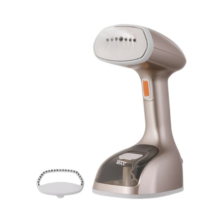 Aparat de calcat cu aburi pentru haine DSP KD1389 (300315), 1500W, rezervor 180 ml, incalzire 25s, cap din inox 430, abur continuu 18±5 g/min, pliabil, cu perie accesorii, bej metalizat