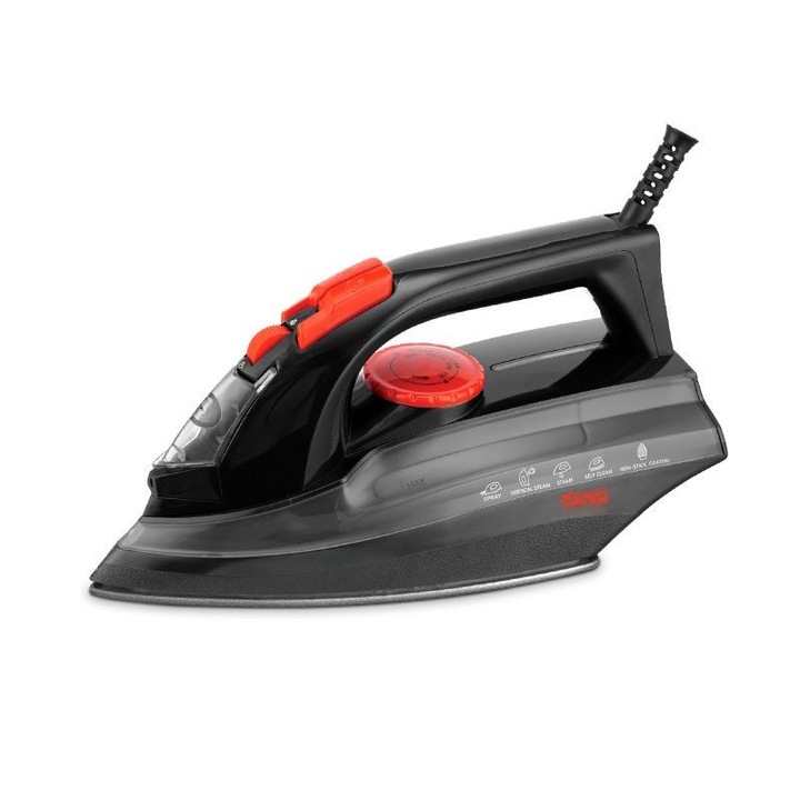 Fier de calcat cu aburi DSP KD1130 614870, talpa ceramica, 1600W, rezervor 135 ml, abur 12±5 g/min, abur vertical si pulverizare, protectie supraincalzire, negru/rosu