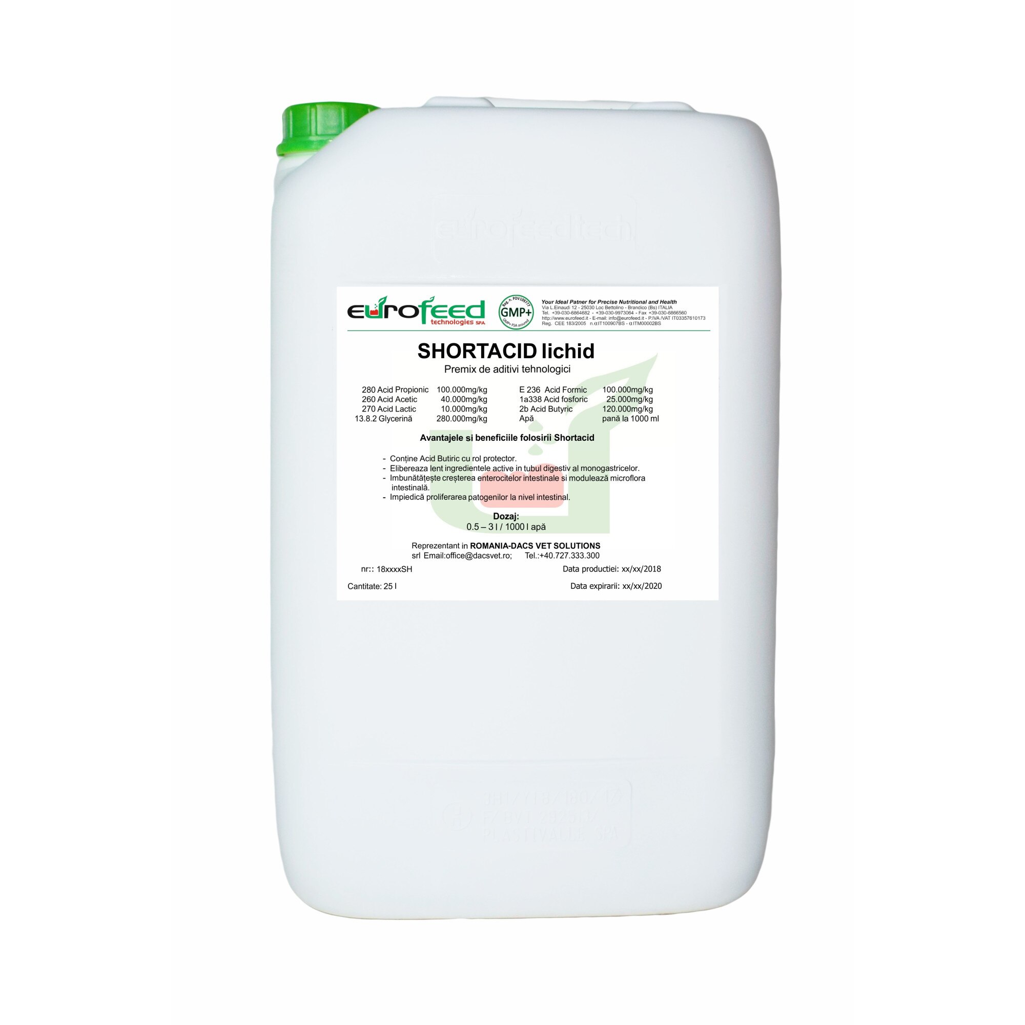Acidifiant complex cu acid butiric,pentru apa si furaj, SHORTACID lichid, 25 l