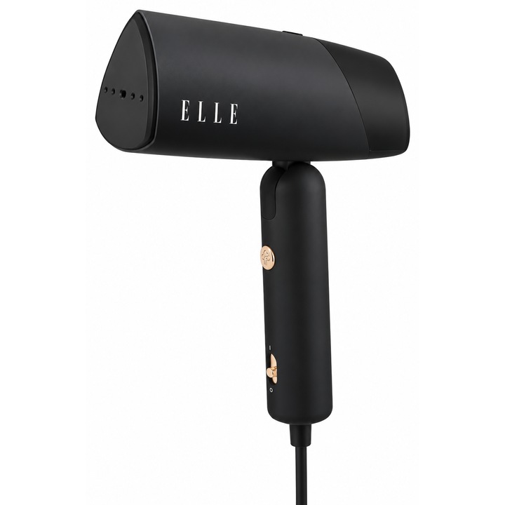 Steamer pentru haine ELLE, perie cu aburi cu maner pliabil, putere 1200 W, rezervor detasabil 140 ml, debit 20 gr/min, abur vertical, oprire automata, compact, culoare negru