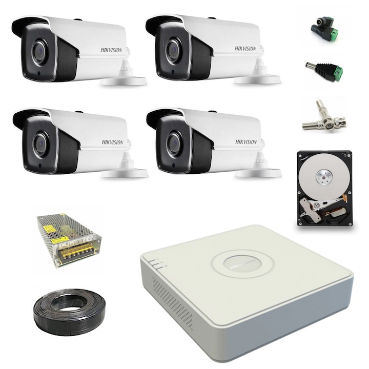 Sistem supraveghere Hikvision HiWatch, Functii inteligente, 8 camere, 5MP, IR 20m, DVR 8 canale, Accesorii montaj incluse, HDD 1TB